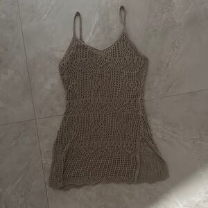 Brown Crochet Sleeveless beach cover up